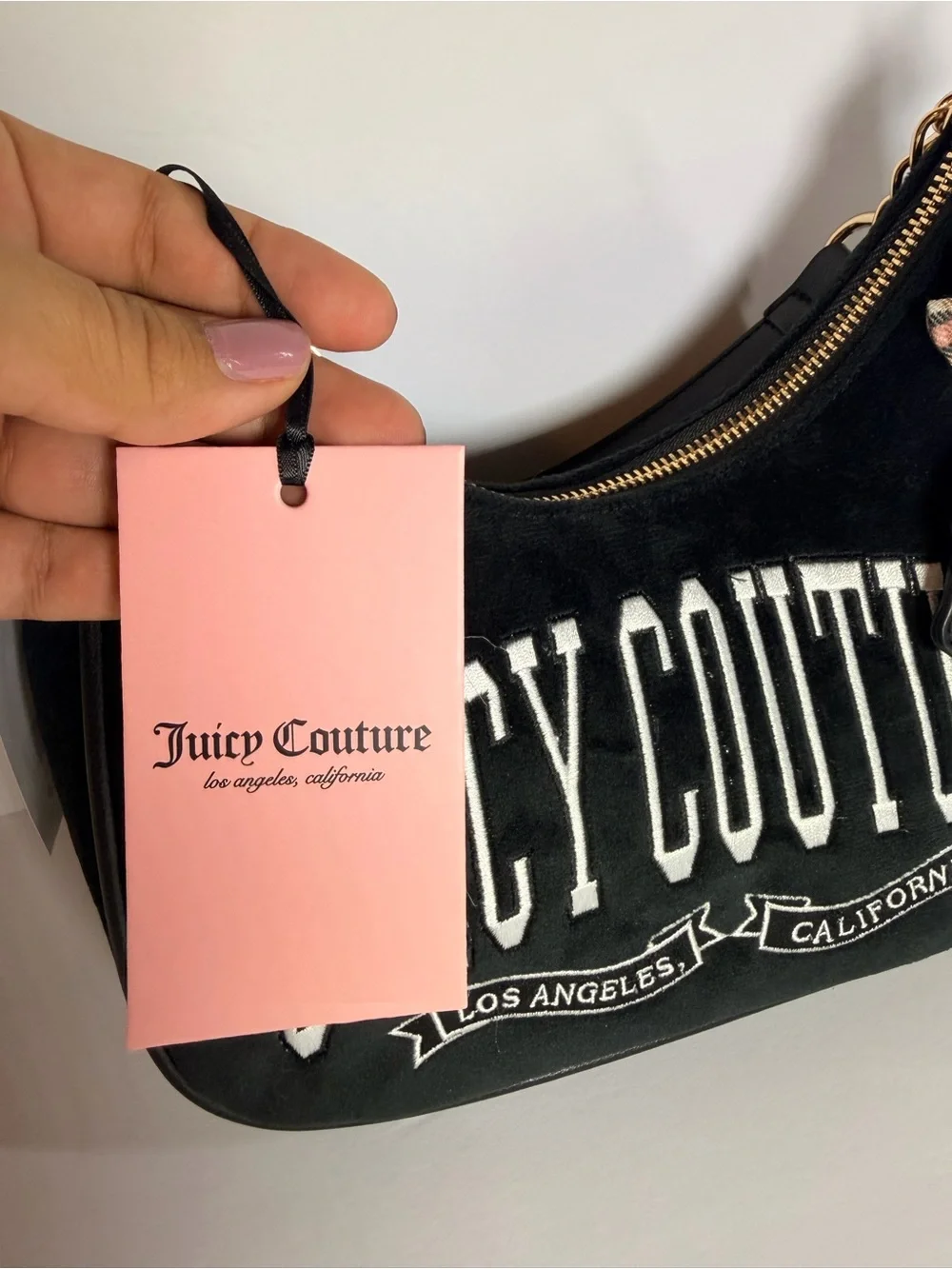 Juicy Couture Black Velour Shoulder Bag with Pink Bow Charm